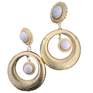 Vtg Gold Tone Cabochon Dangle Hoop Pierced Earrings